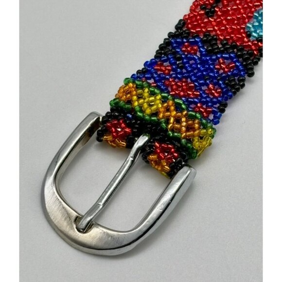 Vintage Artisan-Made Seed Beaded Belt Silver Buckle Red Cobalt Blue White Yellow main image 6
